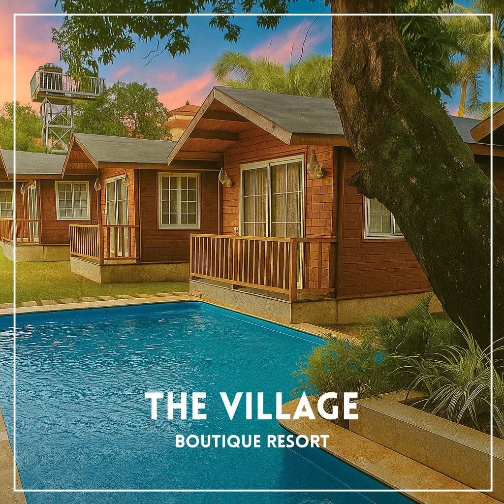Luxury resort view with pool and cottages at dusk